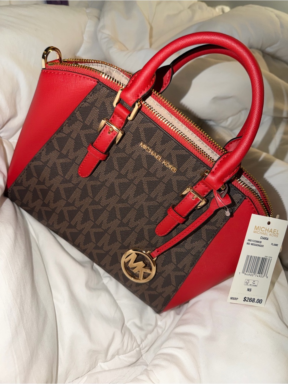 Michael Kors Red & Brown Signature Dome Satchel with Gold Hardware